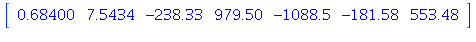 table( [( 1 ) = .68400, ( 2 ) = 7.5434, ( 3 ) = -238.33, ( 5 ) = -1088.5, ( 4 ) = 979.50, ( 7 ) = 553.48, ( 6 ) = -181.58 ] )