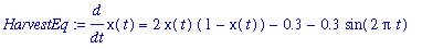 HarvestEq := diff(x(t),t) = 2*x(t)*(1-x(t))-.3-.3*sin(2*Pi*t)