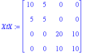 XtX := matrix([[10, 5, 0, 0], [5, 5, 0, 0], [0, 0, 20, 10], [0, 0, 10, 10]])