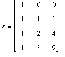 X = matrix([[1, 0, 0], [1, 1, 1], [1, 2, 4], [1, 3, 9]])