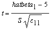 t = (hatbeta[1]-5)/(S*sqrt(c[11]))